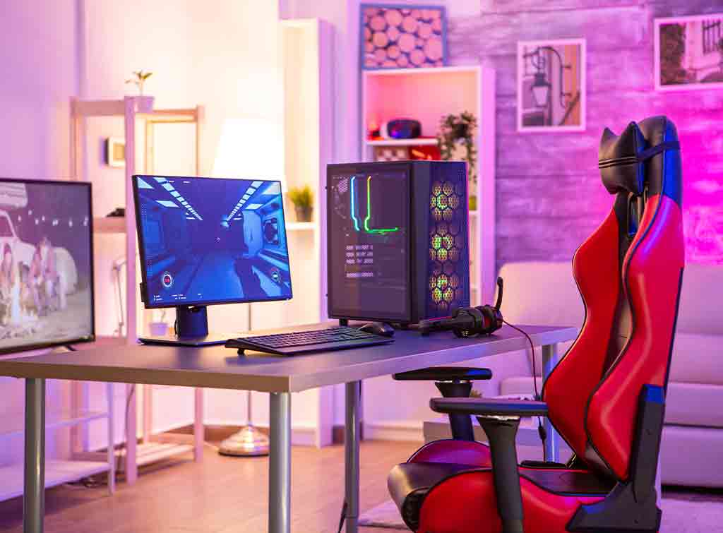 Spectacular gaming room interior, gaming pc, gaming desk, game