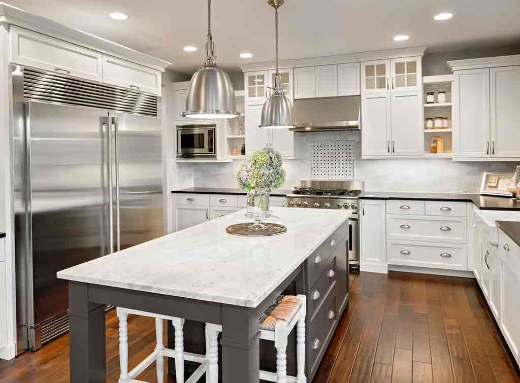 Pendant lights in a kitchen with low ceiling